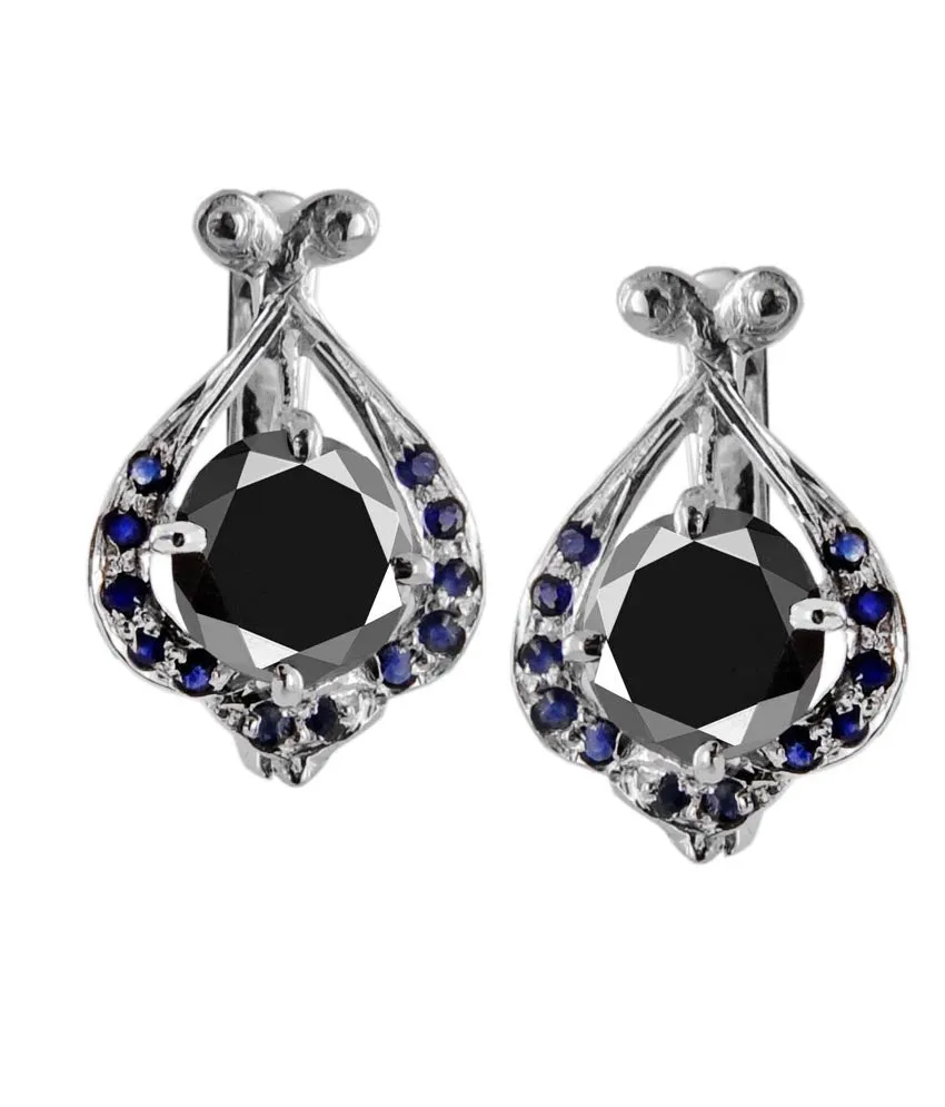 Certified Round Cut Black Diamond Solitaire Studs With Blue Sapphire Accents, Designer Collection