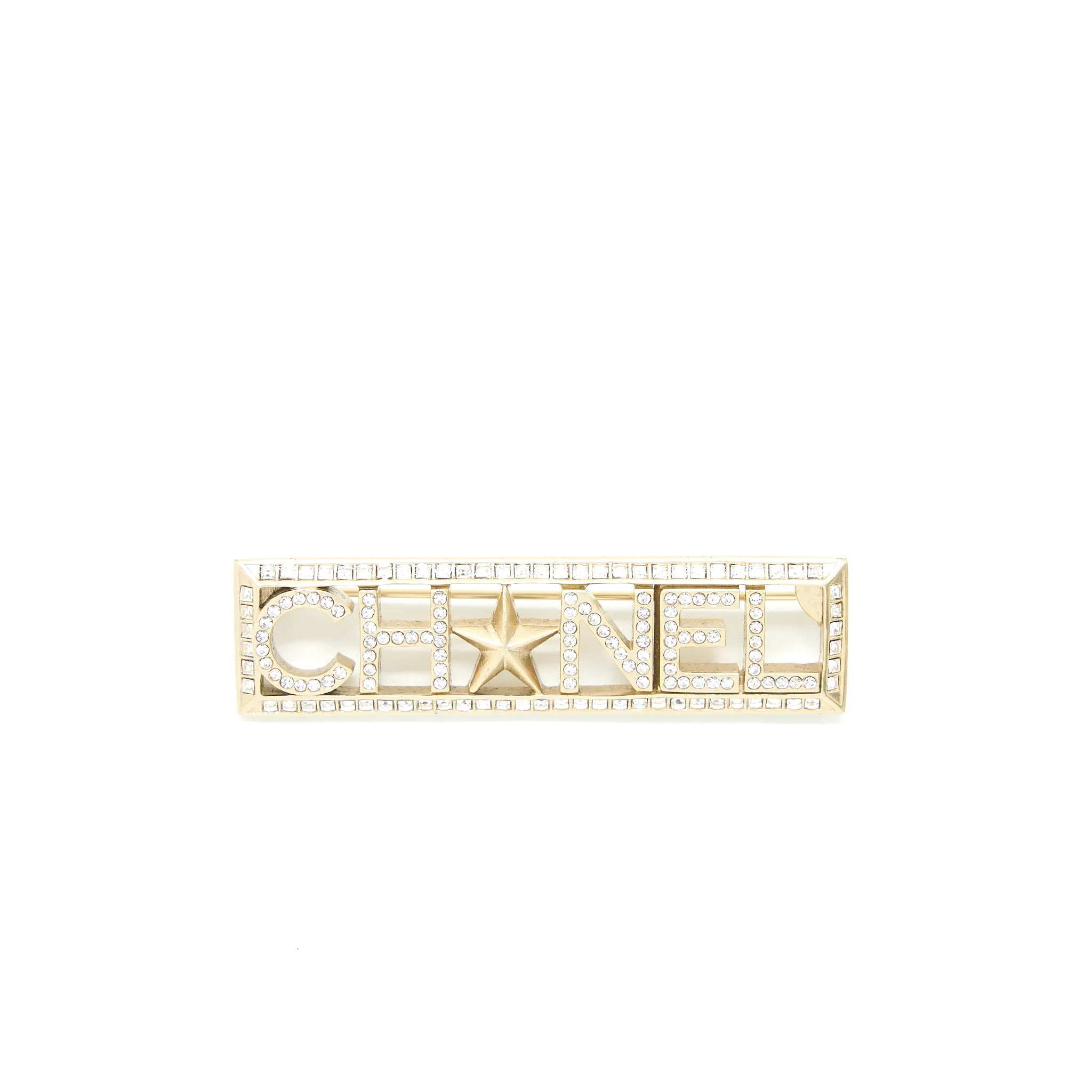 Chanel Letter/Star Brooch Crystal Light Gold Tone