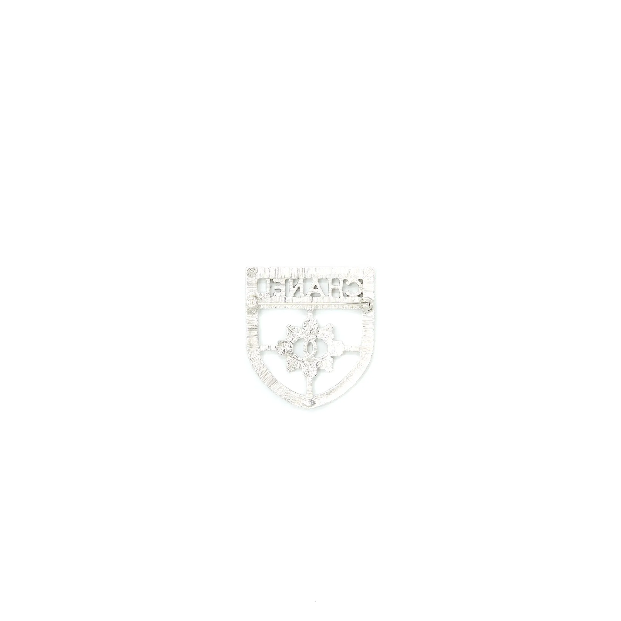 Chanel Shield Brooch Crystal Silver Tone