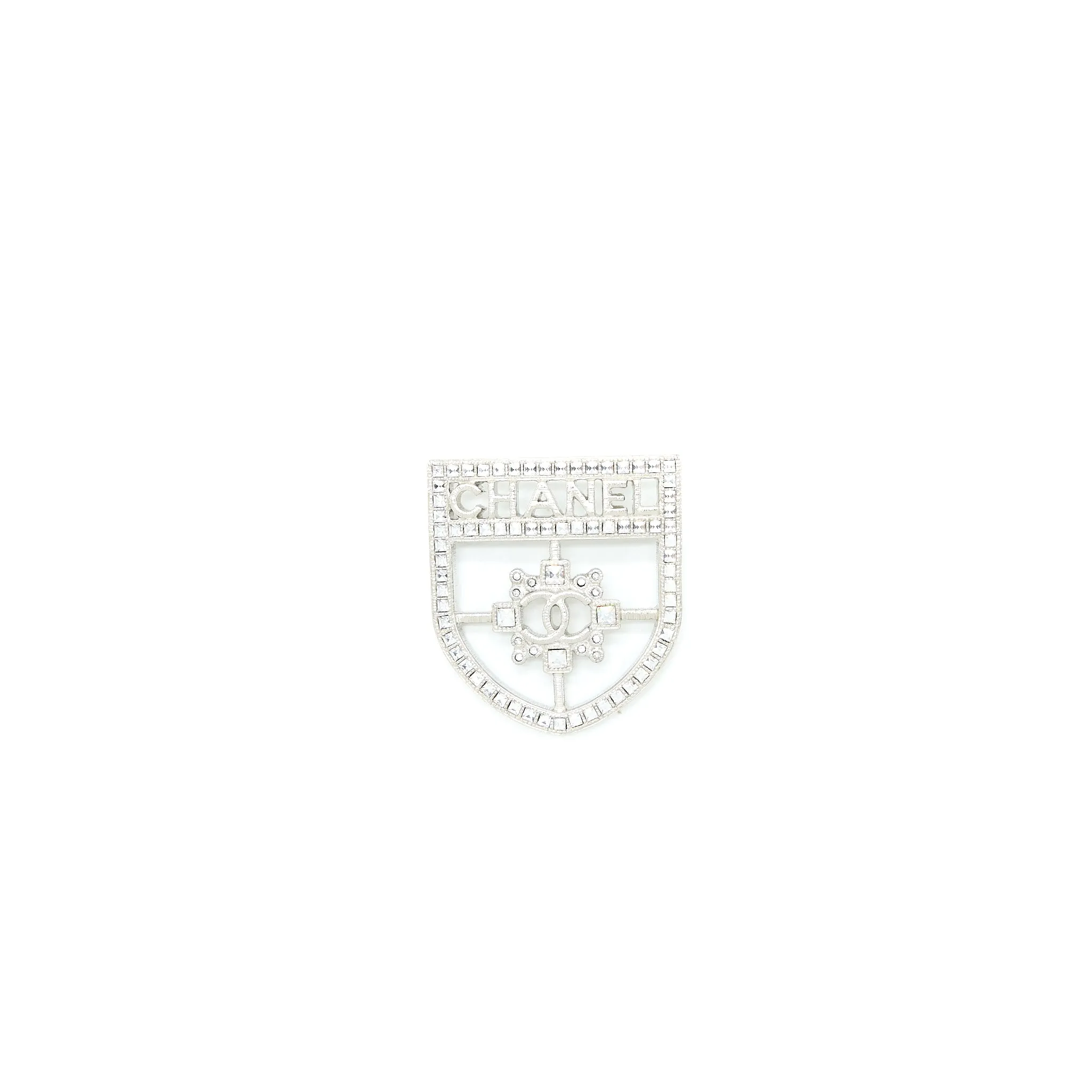 Chanel Shield Brooch Crystal Silver Tone