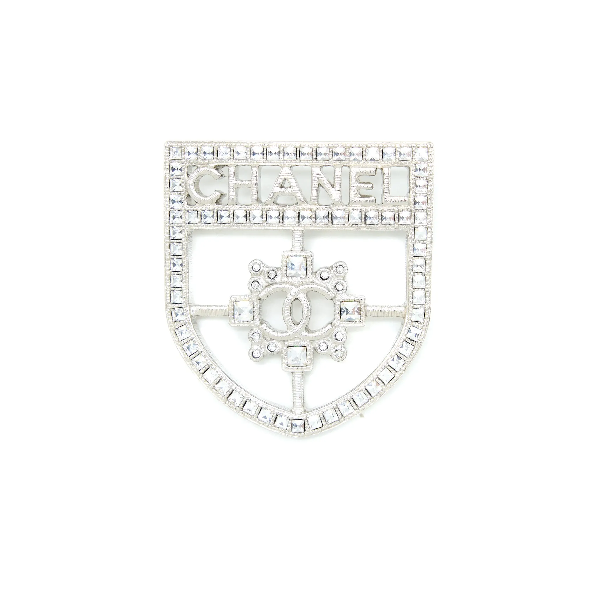 Chanel Shield Brooch Crystal Silver Tone