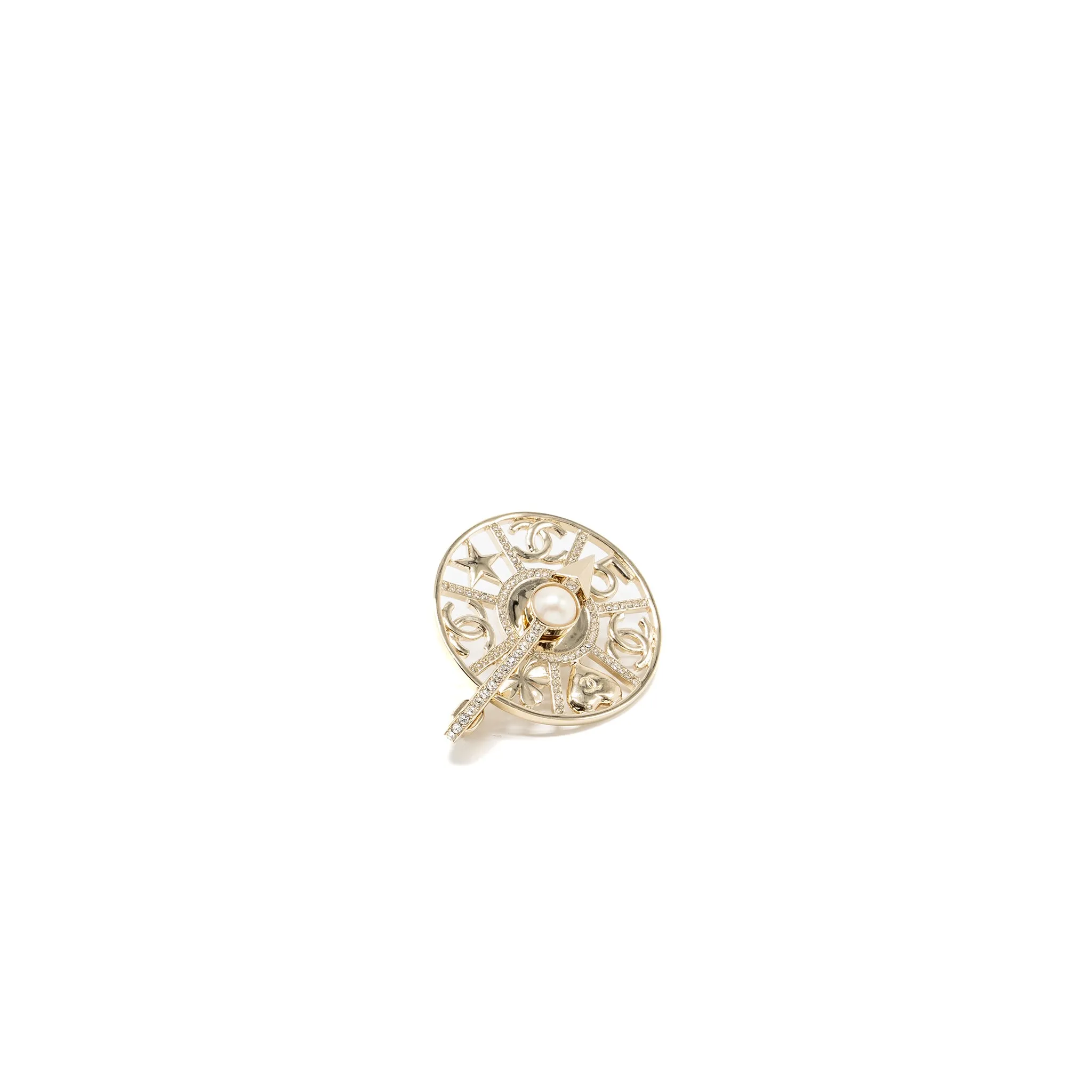 Chanel Strass spinning wheel pin brooch with Crystal / pearl Light Gold tone