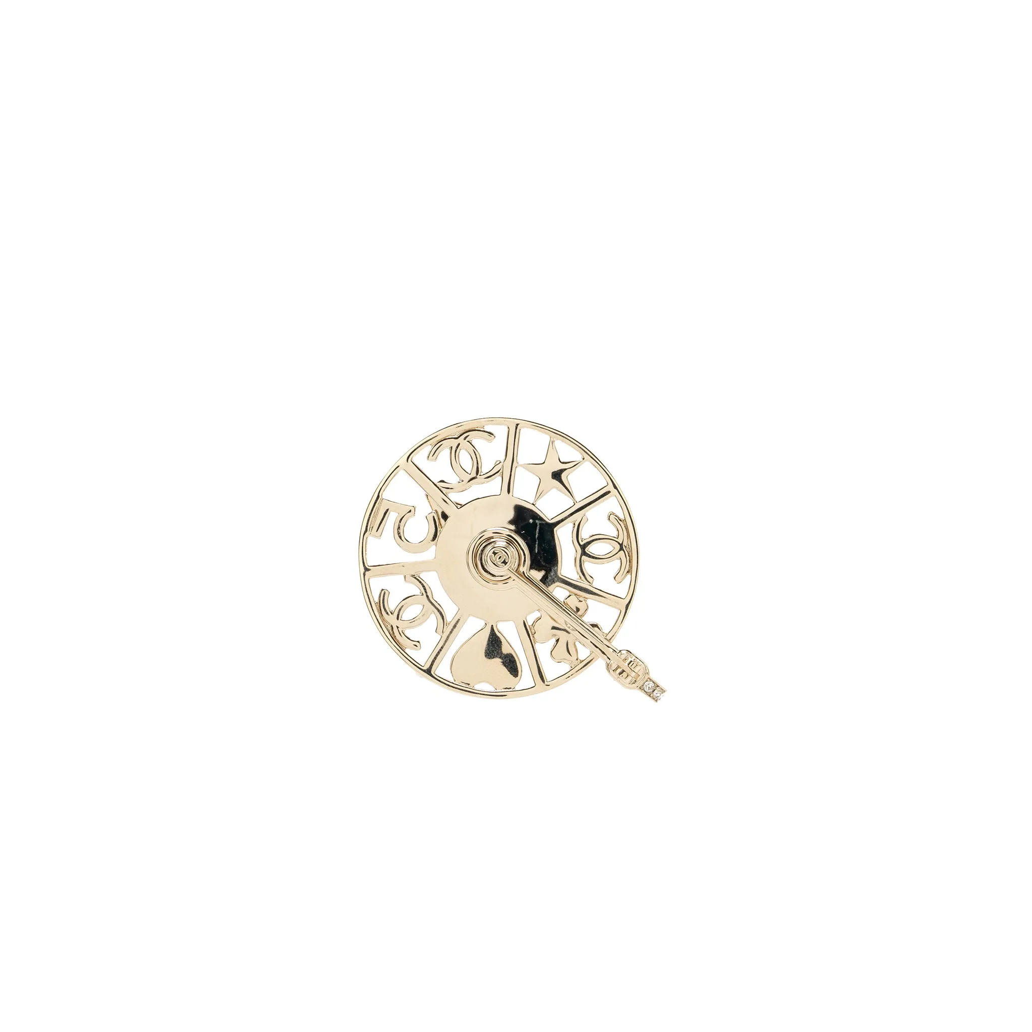 Chanel Strass spinning wheel pin brooch with Crystal / pearl Light Gold tone
