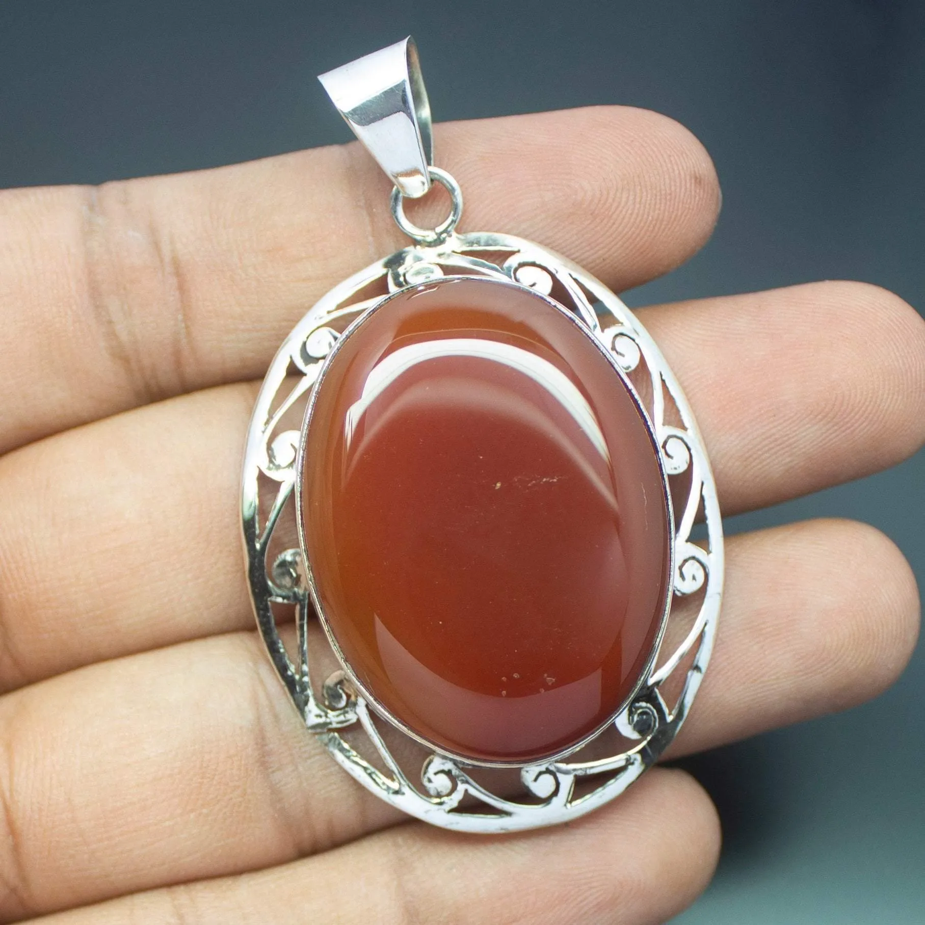 Christmas Gift,  18g, Totally Handmade Natural Red Onyx Oval Shape 925 Sterling Silver Pendant