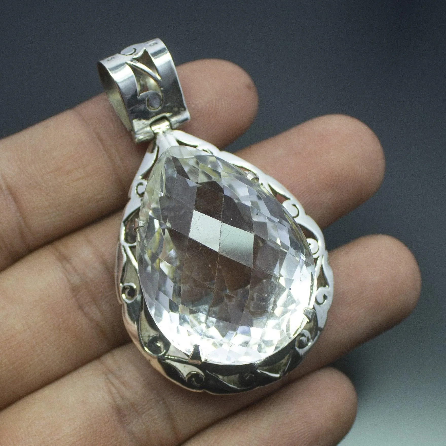 Christmas Gift,  23.1g, Totally Handmade Natural White Quartz Pear Shape 925 Sterling Silver Pendant