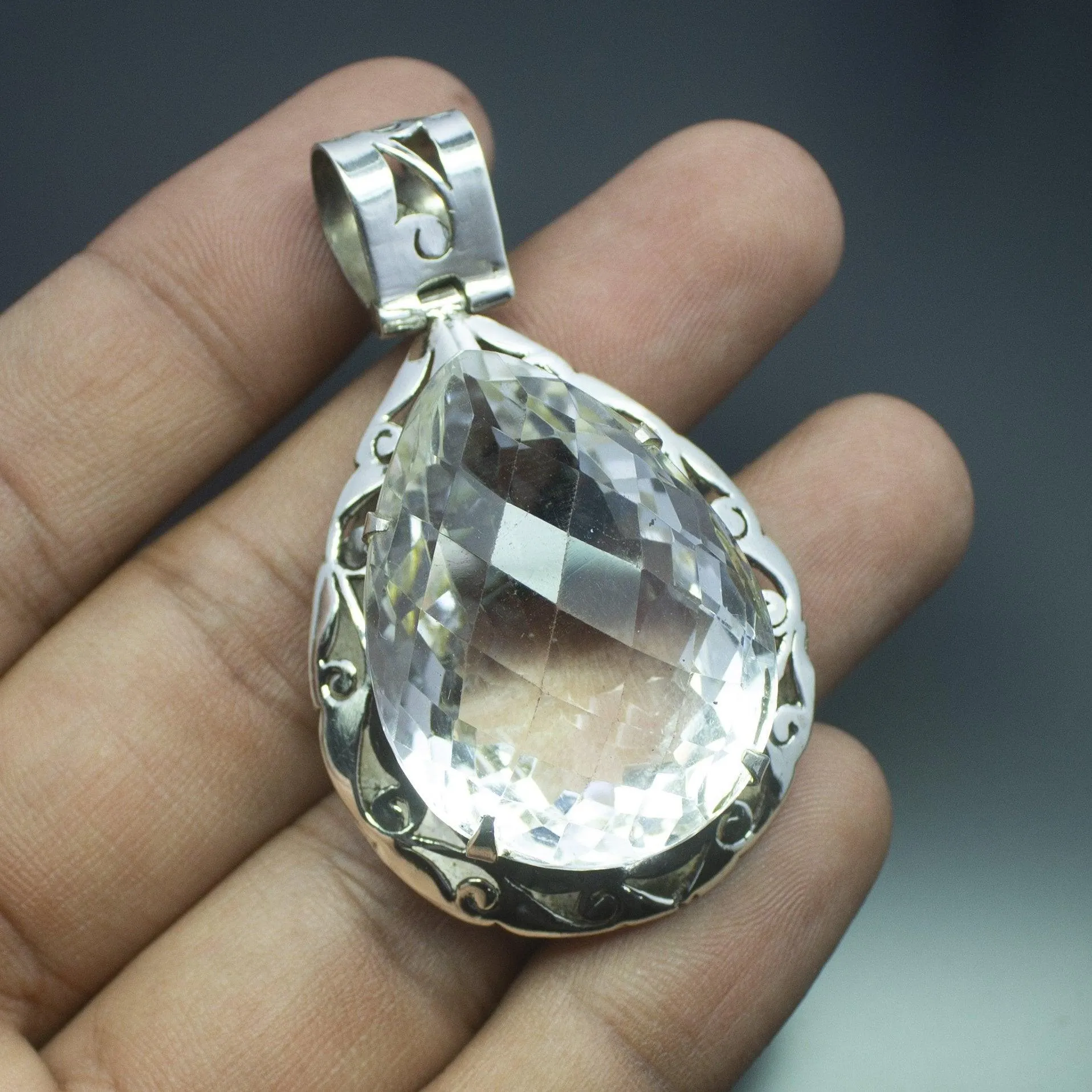 Christmas Gift,  23.1g, Totally Handmade Natural White Quartz Pear Shape 925 Sterling Silver Pendant