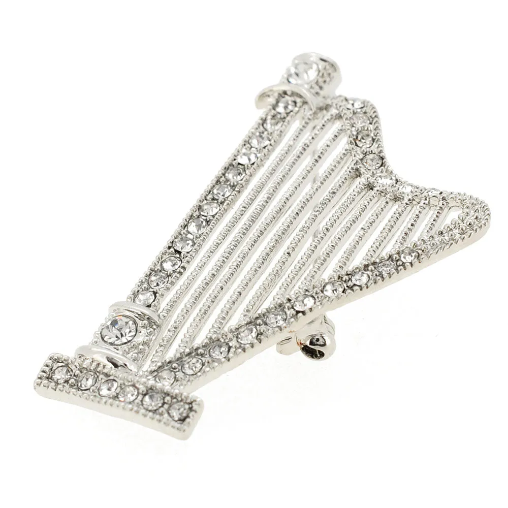 Chrome Harp Crystal Music Pin Brooch