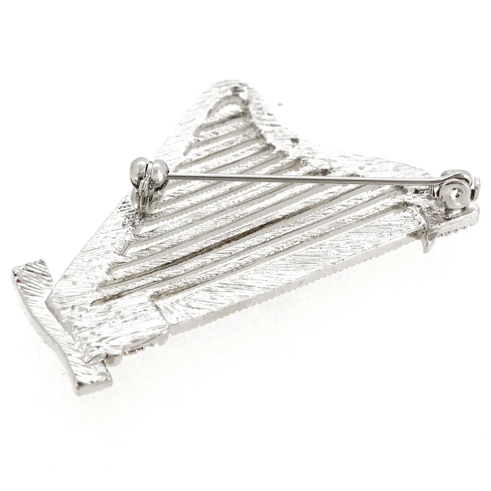 Chrome Harp Crystal Music Pin Brooch