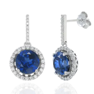 Classic Round Blue Sapphire Drop Earrings with Halo