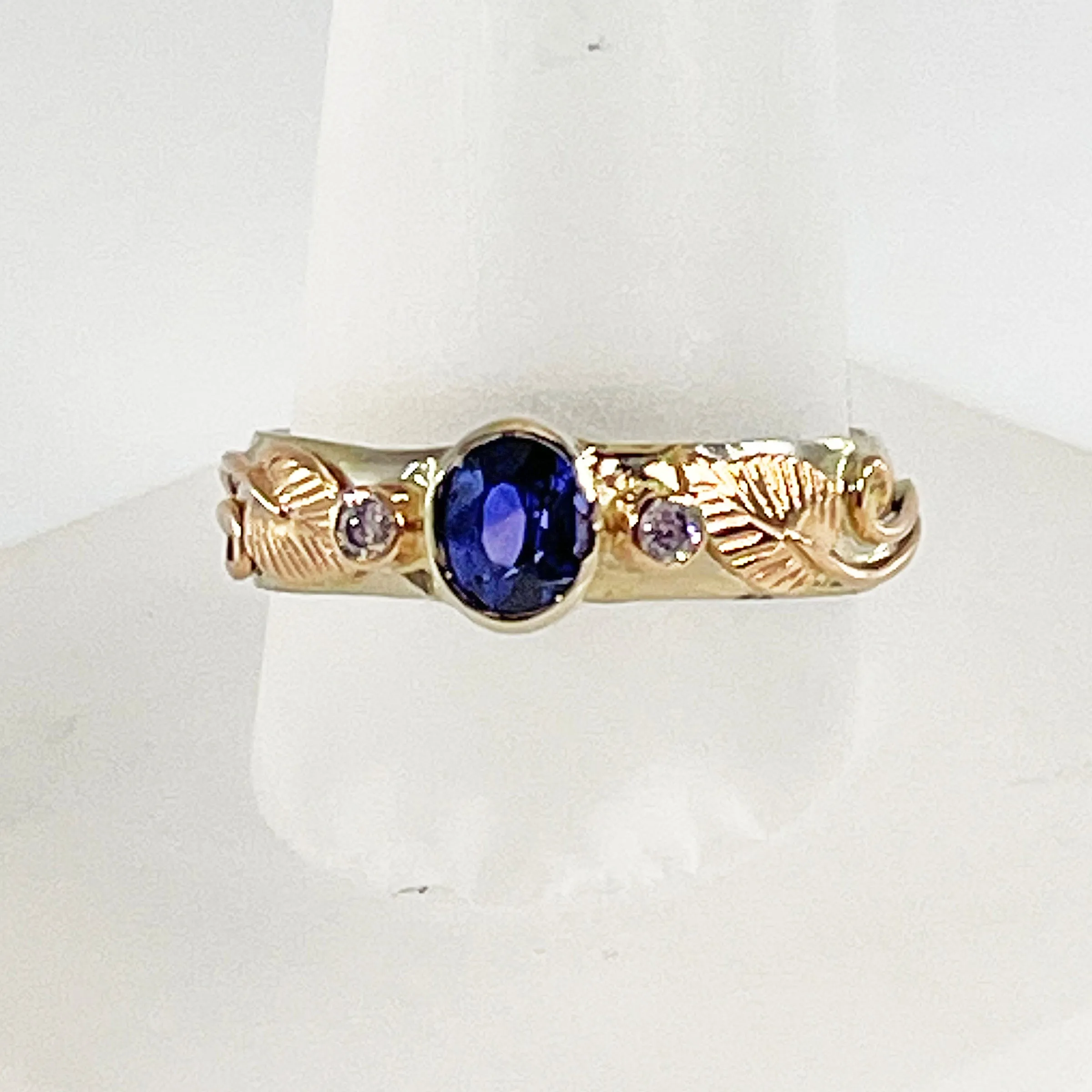 Cole Sheckler Ring - Purple Sapphire w/ Pink Diamond in 14 KT Yellow Gold with Rose Gold Leaves