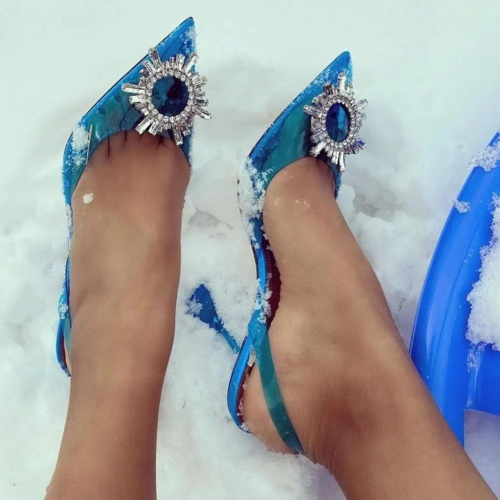 Color Cinderella Pointed Toe Crystal Brooch Heels