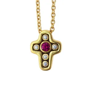 Cross 18K Yellow Gold Ruby Diamond Pendant Necklace