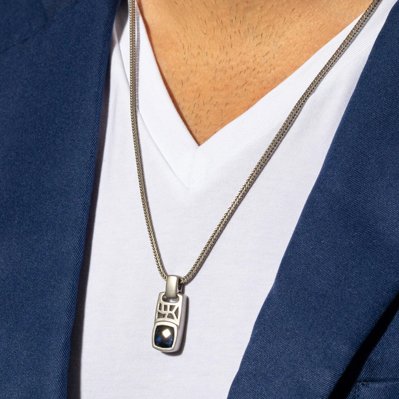 Cushion Cut Blue Sapphire Tag Pendant Necklace for Men Sterling Silver 4.50 Carats
