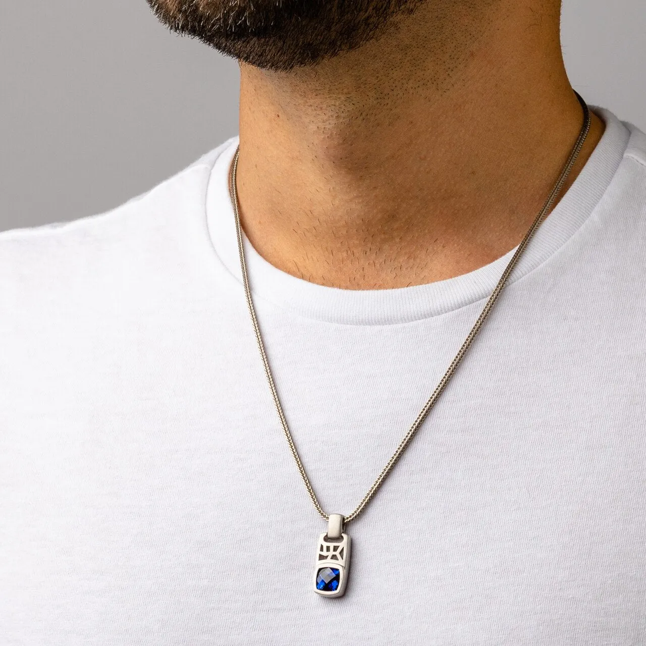 Cushion Cut Blue Sapphire Tag Pendant Necklace for Men Sterling Silver 4.50 Carats