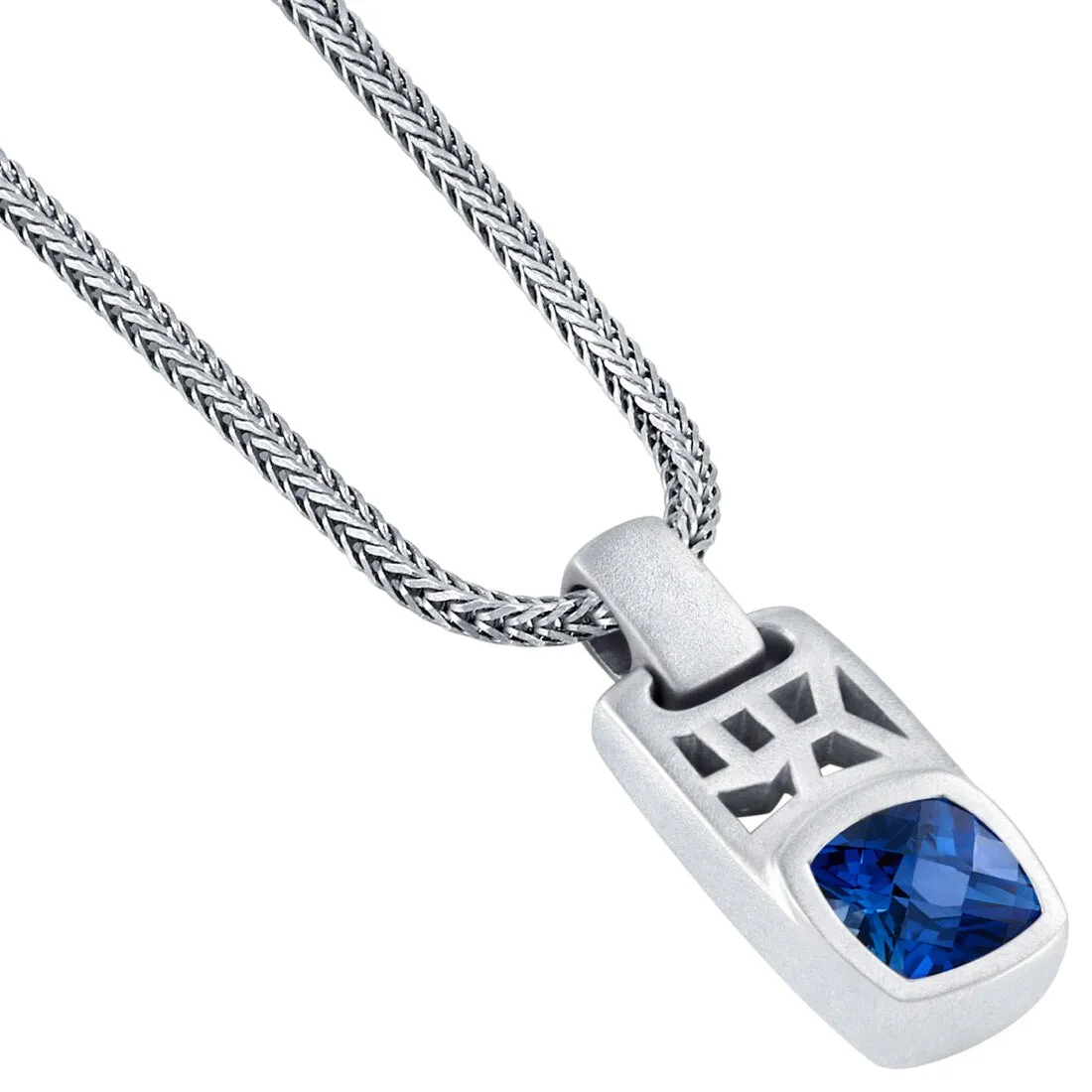 Cushion Cut Blue Sapphire Tag Pendant Necklace for Men Sterling Silver 4.50 Carats