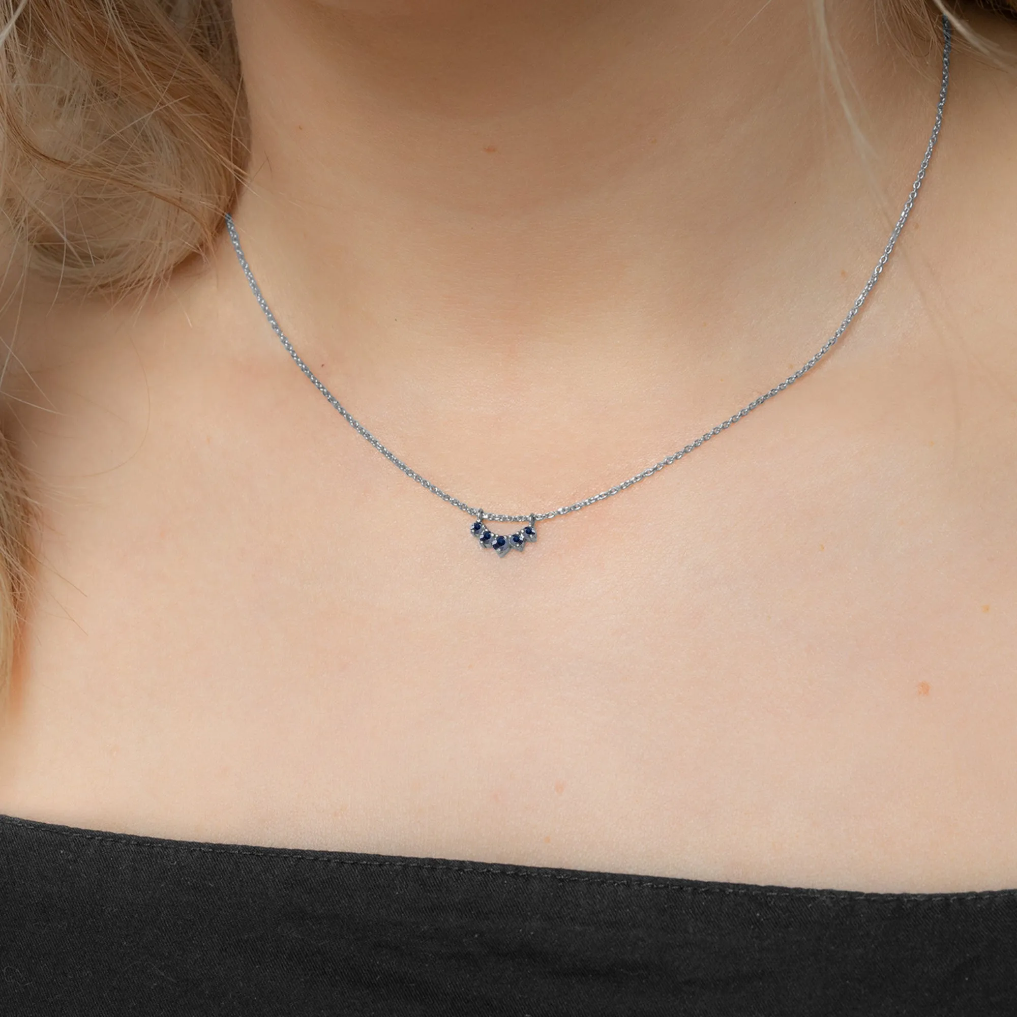 Custom Blue Sapphire Gemstone Sunburst Necklace | 10K White Gold