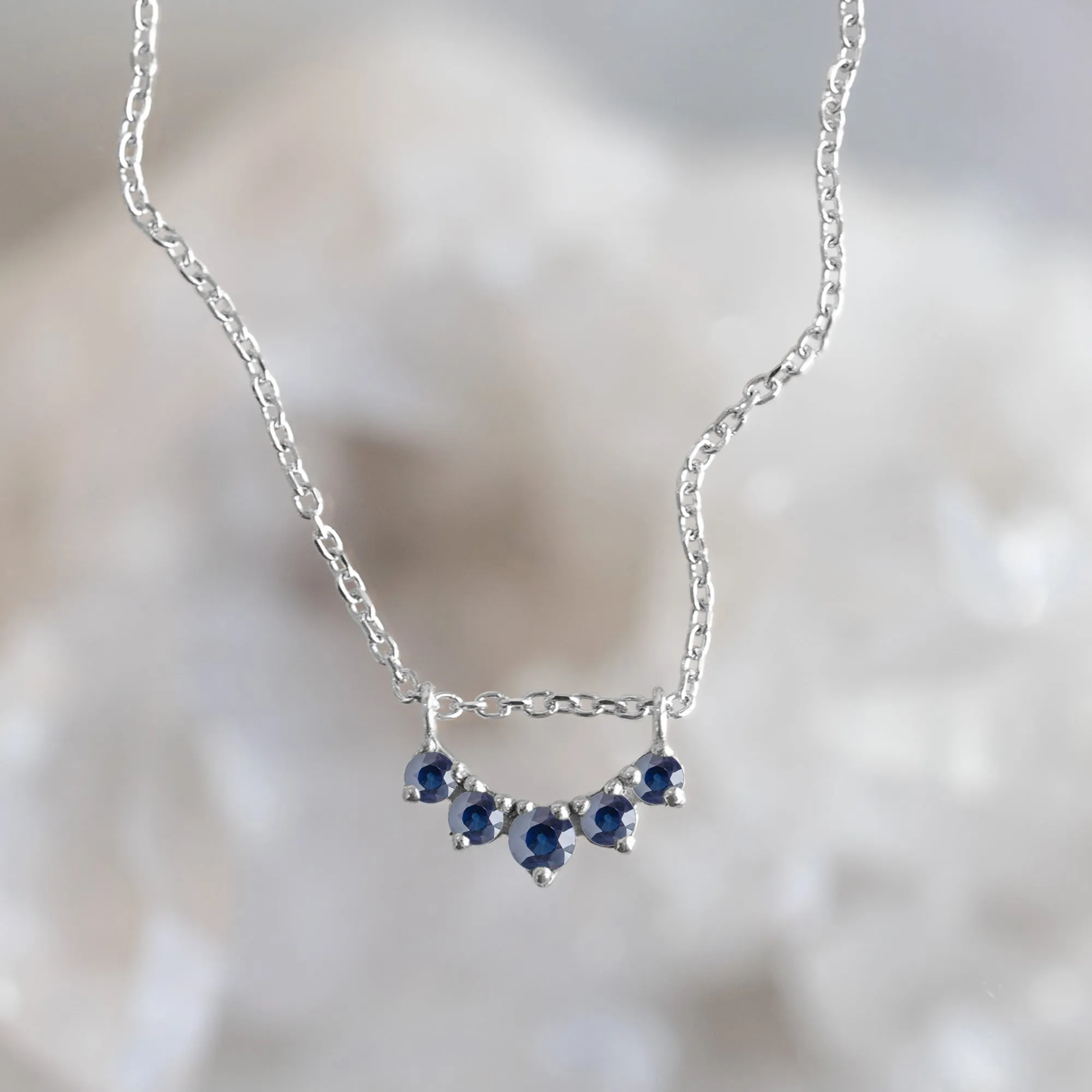 Custom Blue Sapphire Gemstone Sunburst Necklace | 10K White Gold