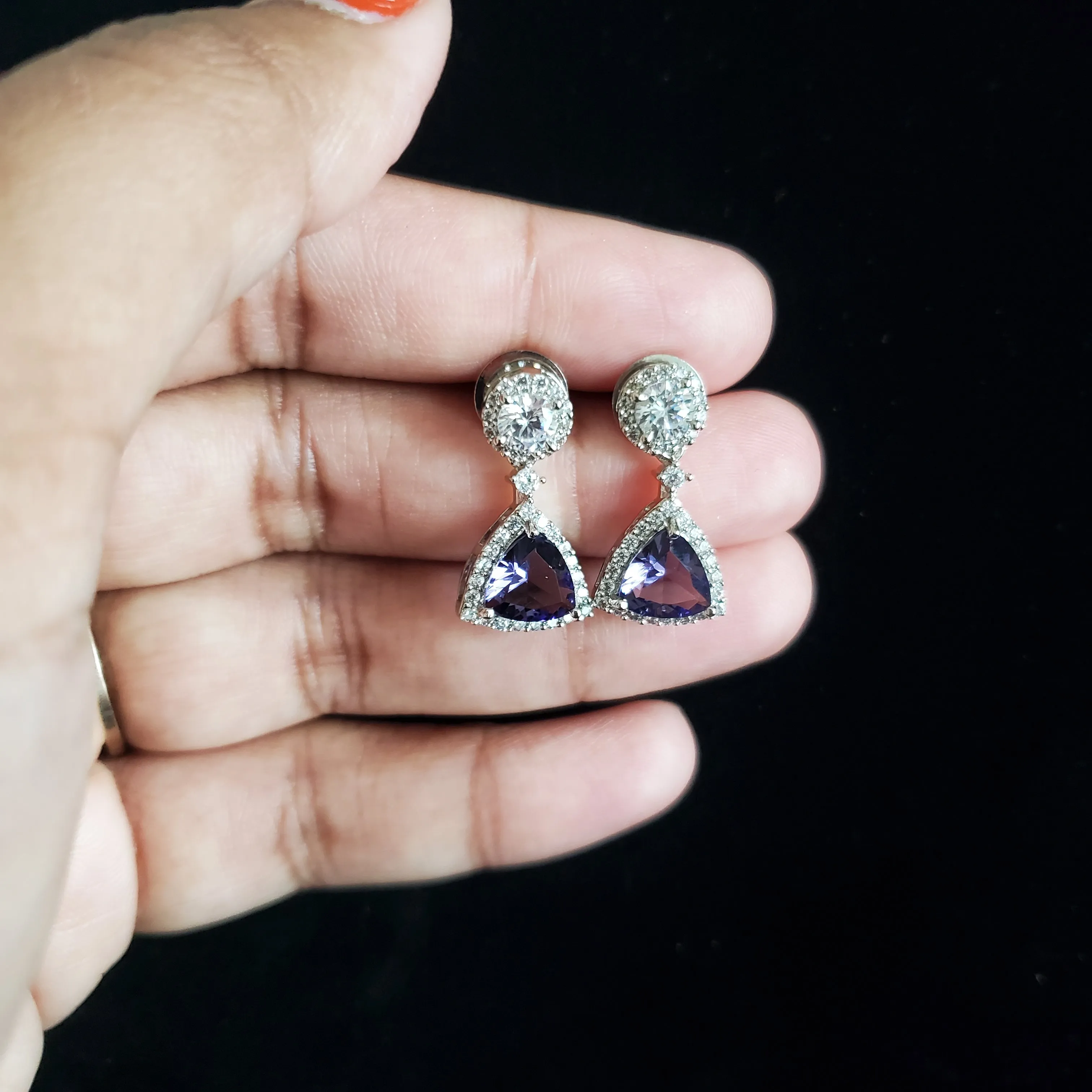 Cz Short Earring With Rhodium Plating Purple