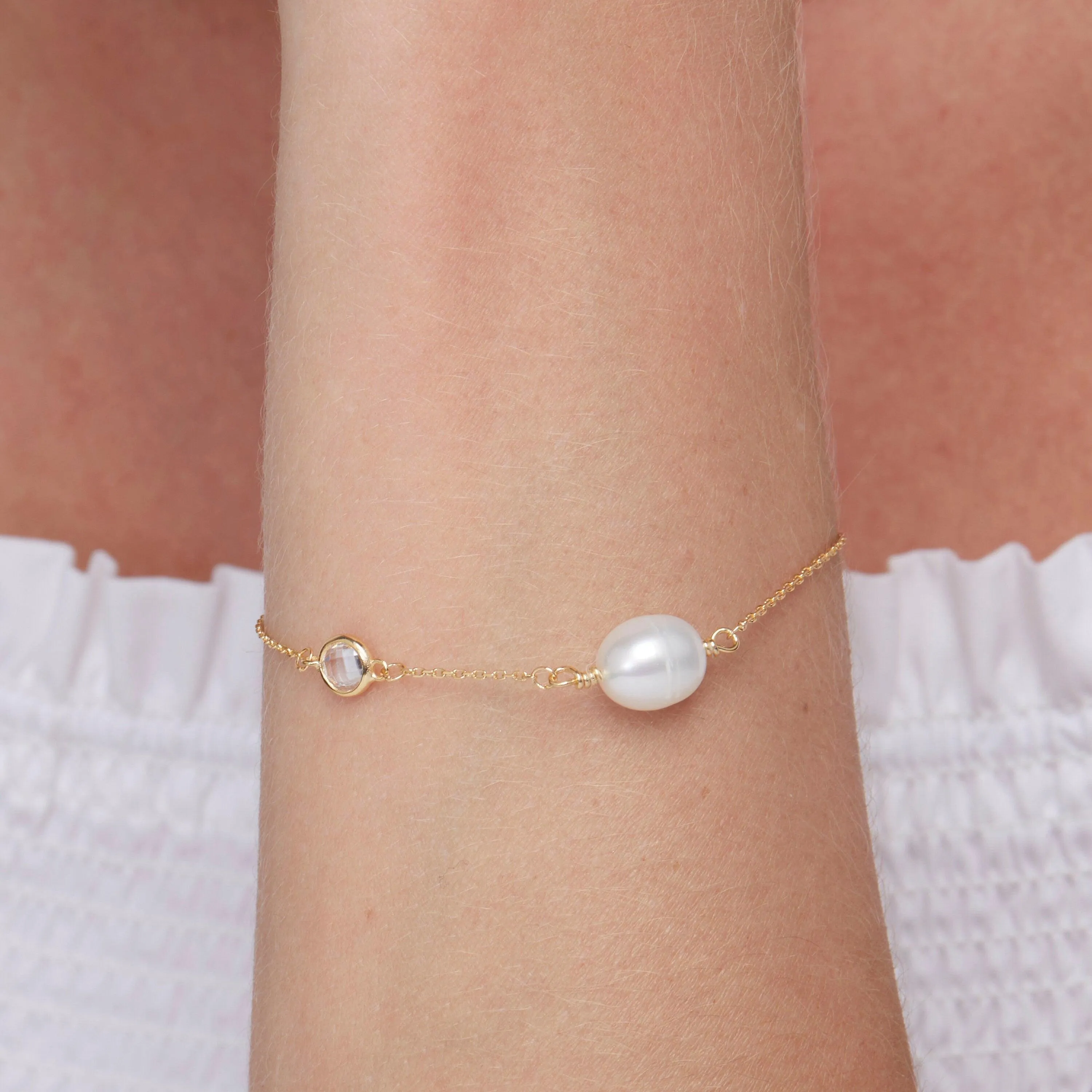 Dainty Freshwater Pearl Charm Bracelet - 18K Gold Vermeil
