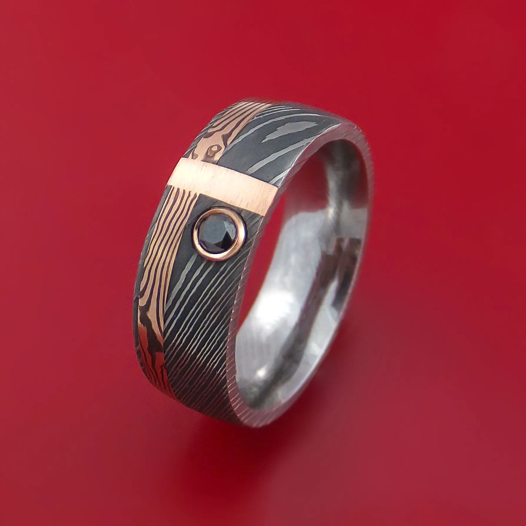 Damascus and 14k ROSE Mokume Gane Shakudo and 14k Gold with Black Diamond Custom Made Band