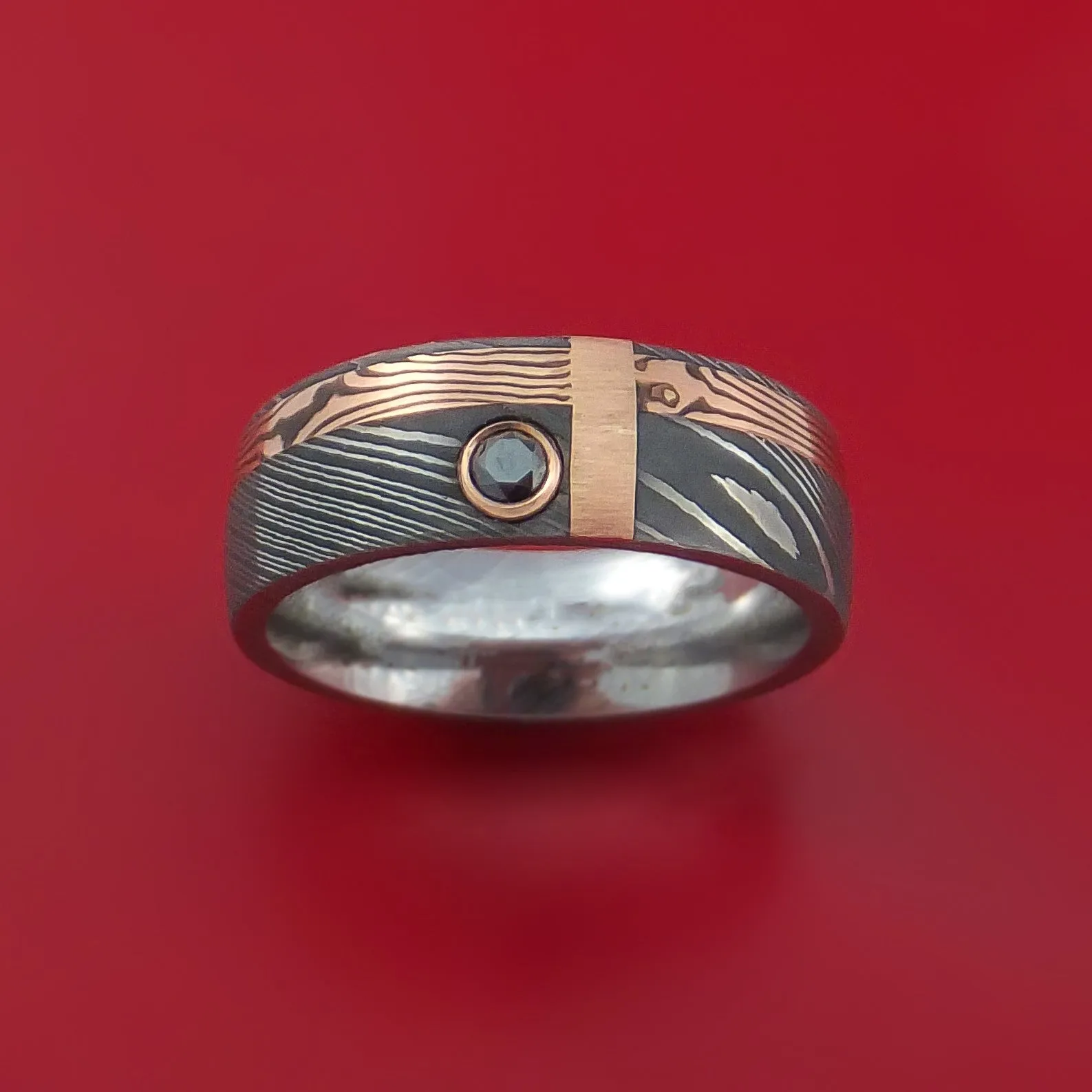 Damascus and 14k ROSE Mokume Gane Shakudo and 14k Gold with Black Diamond Custom Made Band