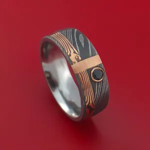 Damascus and 14k ROSE Mokume Gane Shakudo and 14k Gold with Black Diamond Custom Made Band