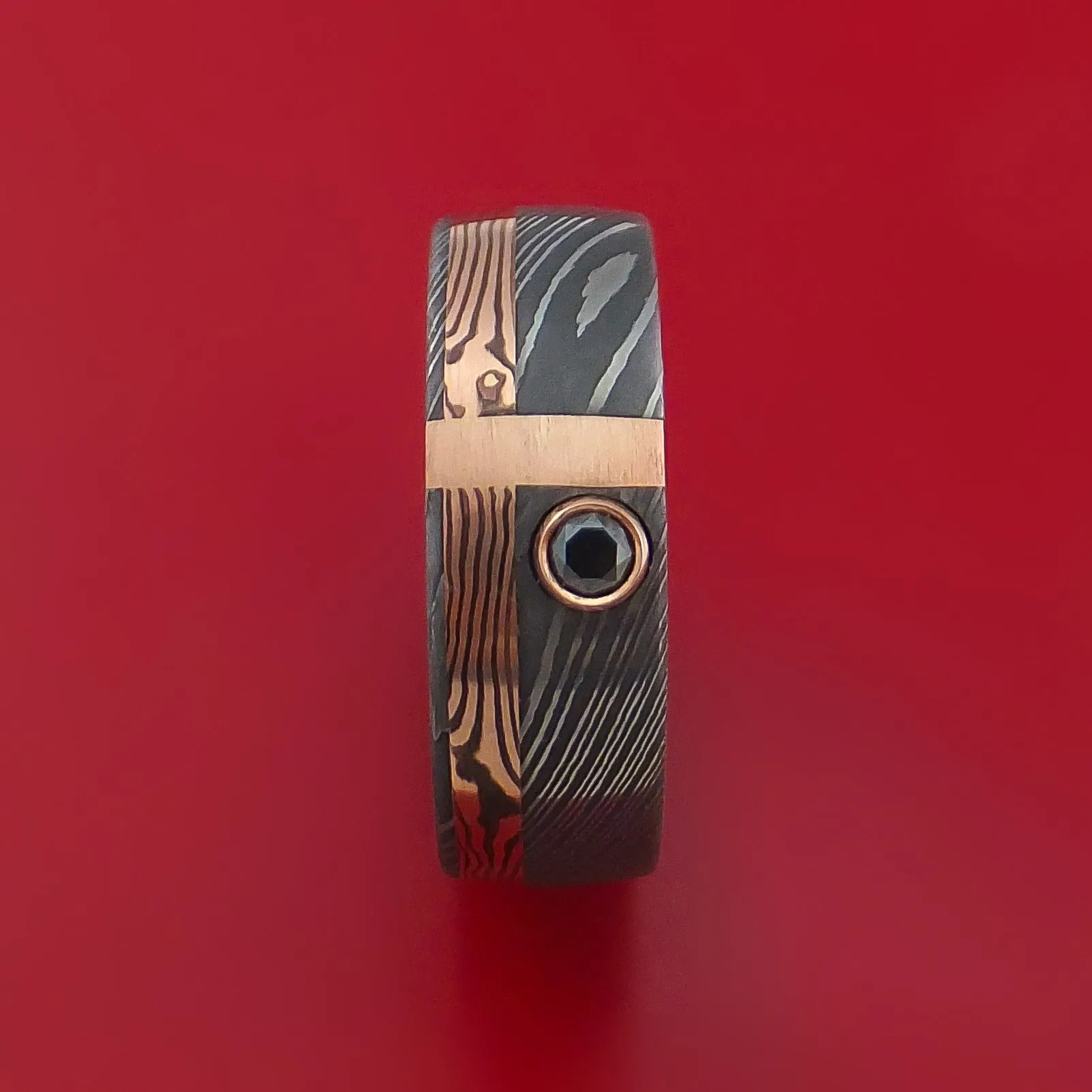 Damascus and 14k ROSE Mokume Gane Shakudo and 14k Gold with Black Diamond Custom Made Band