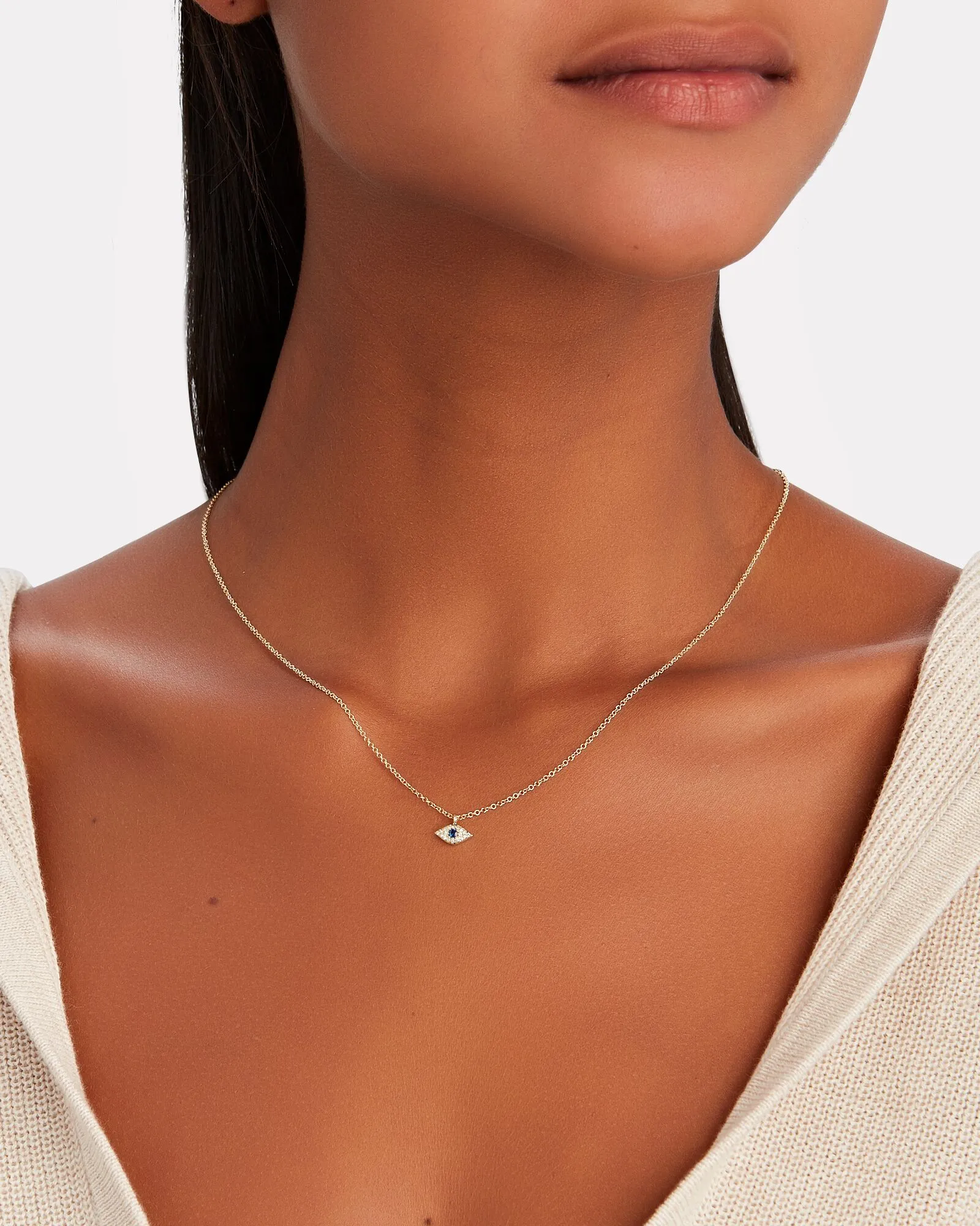 Diamond and Blue Sapphire Delicate Evil Eye Pendant Necklace