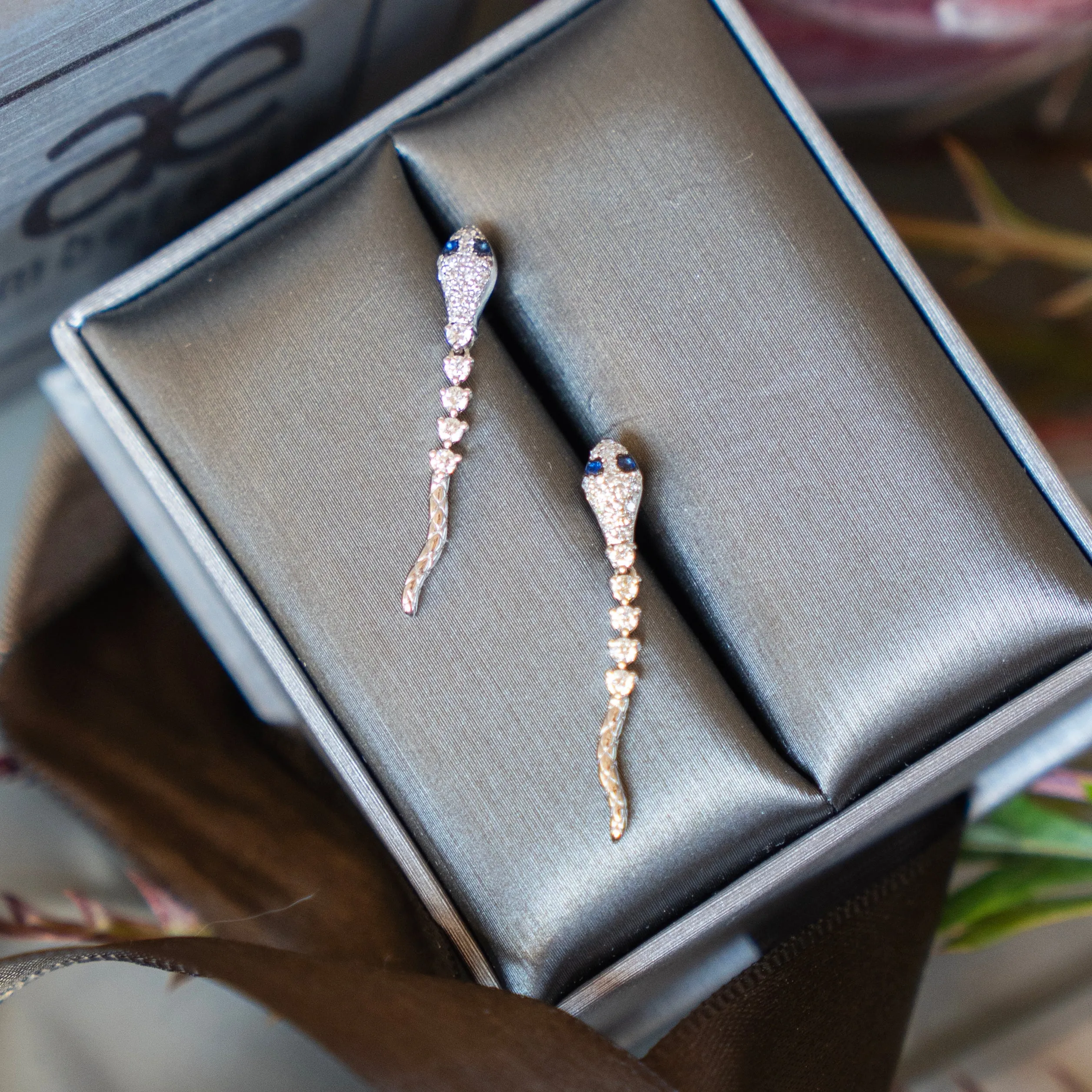 Diamond and Blue Sapphire Serpent Drop Earrings