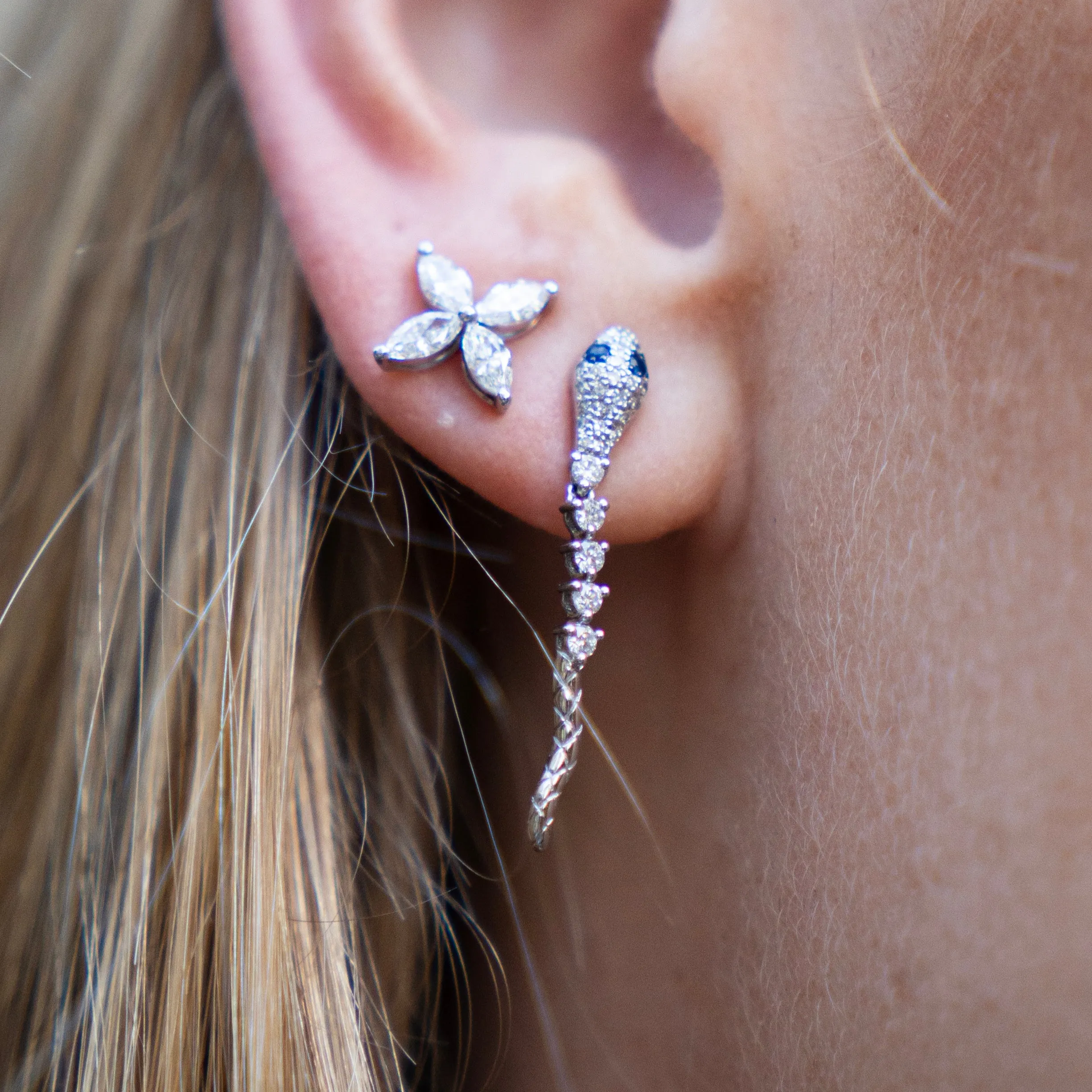 Diamond and Blue Sapphire Serpent Drop Earrings