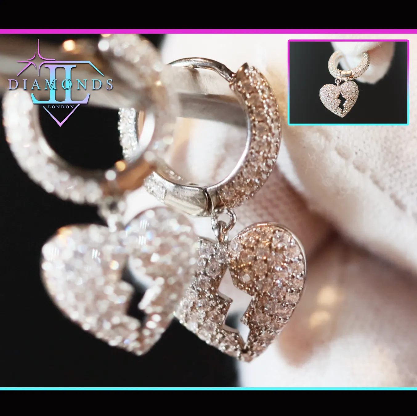 Diamond Heart Earrings | Heart Earrings | Womens Earrings | Heart earrings with Diamonds | Hoop Earrings | Womens Broken Heart Earrings