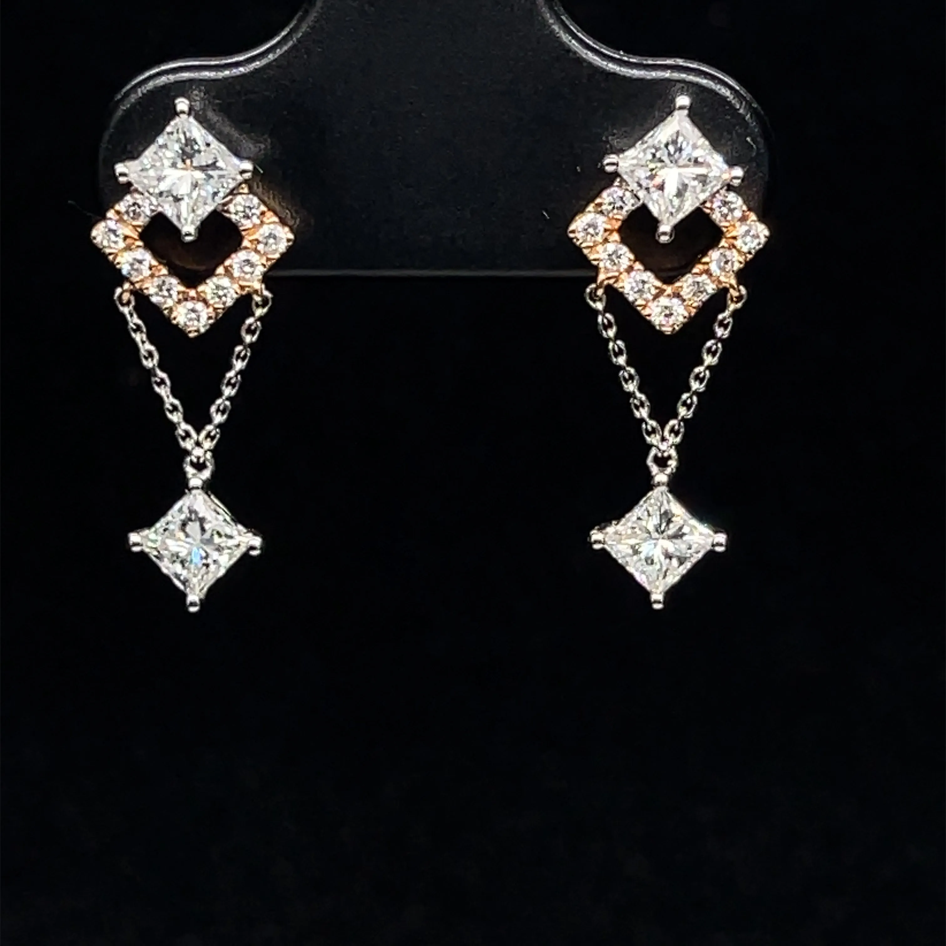 Diamond Solitaire Chain Dangle Square Earrings in 18k White Gold - (#80-ERDIA346346)