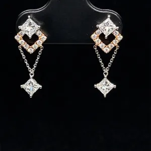 Diamond Solitaire Chain Dangle Square Earrings in 18k White Gold - (#80-ERDIA346346)