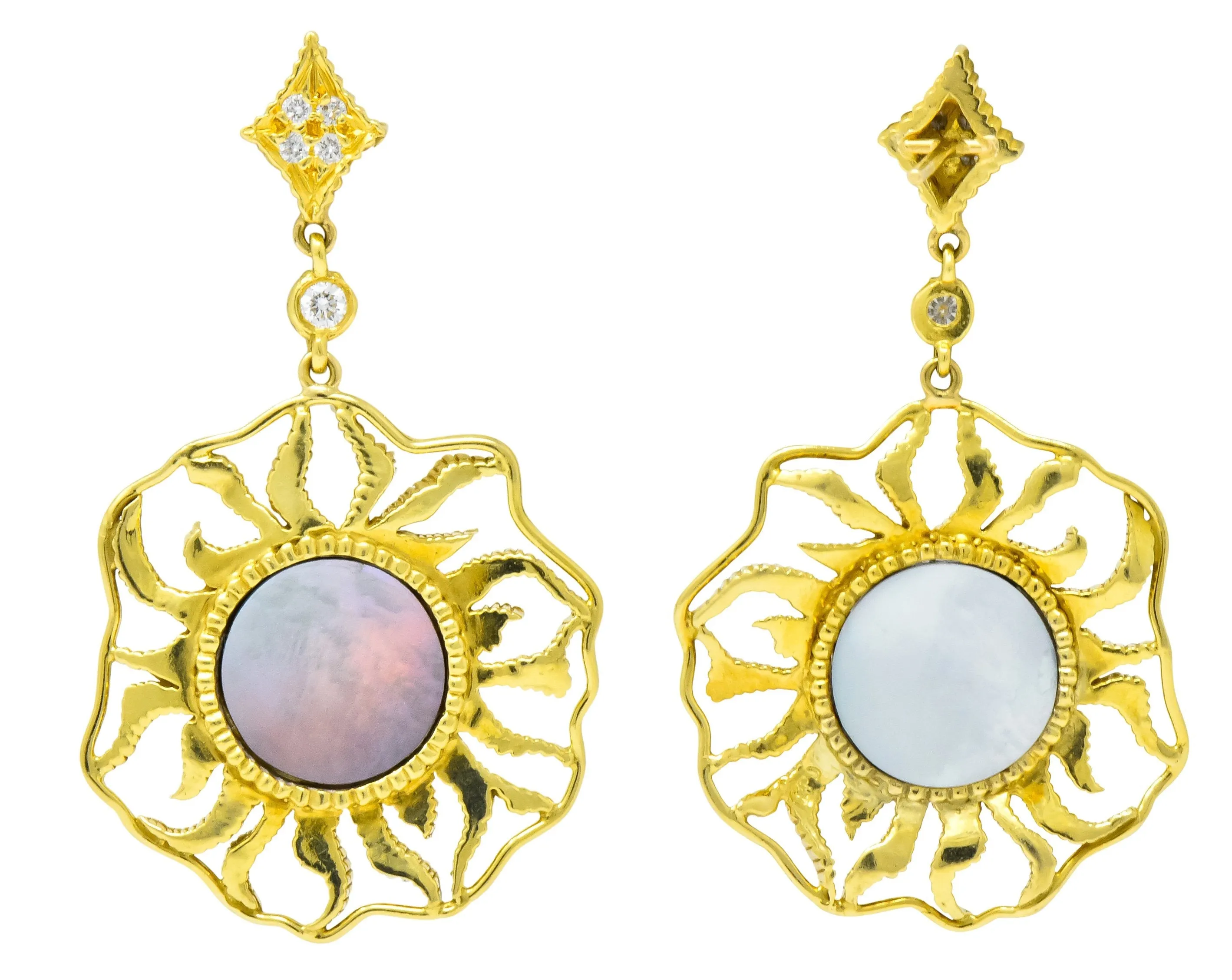 Doris Panos Diamond Mother-Of-Pearl 18 Karat Gold Sunburst Drop Earrings
