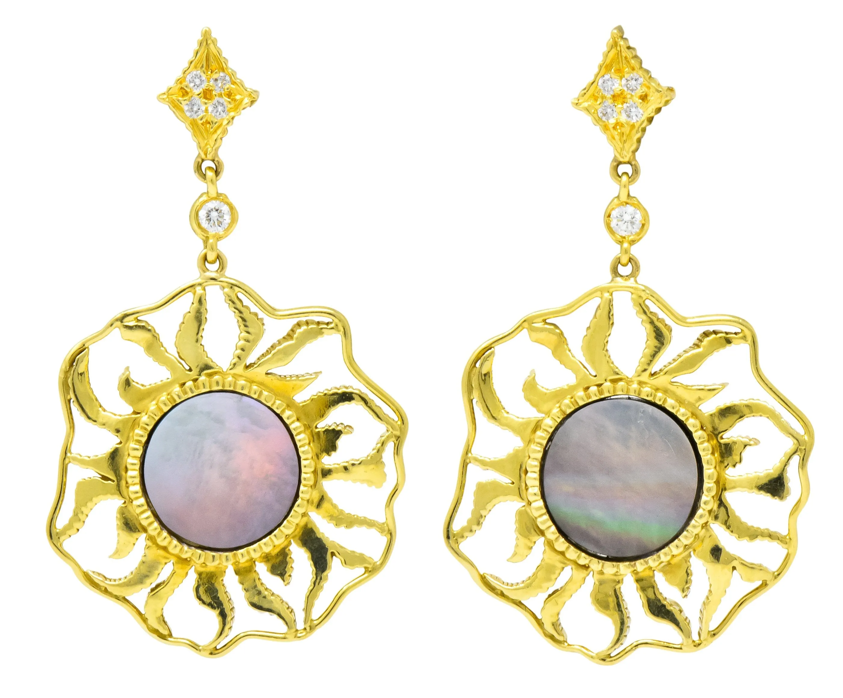 Doris Panos Diamond Mother-Of-Pearl 18 Karat Gold Sunburst Drop Earrings