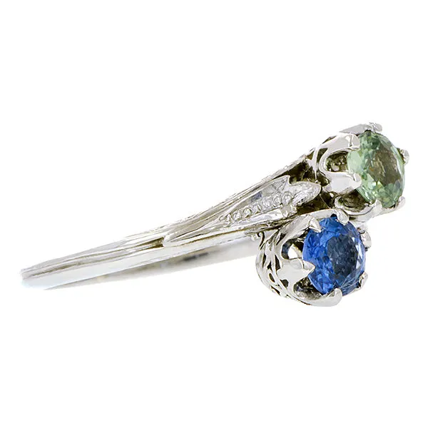 Edwardian Blue and Green Sapphire Toi et Moi Ring