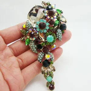 Elegant Flower Cluster Long Pendant Brooch Pin Multi-color Rhinestone Crystal