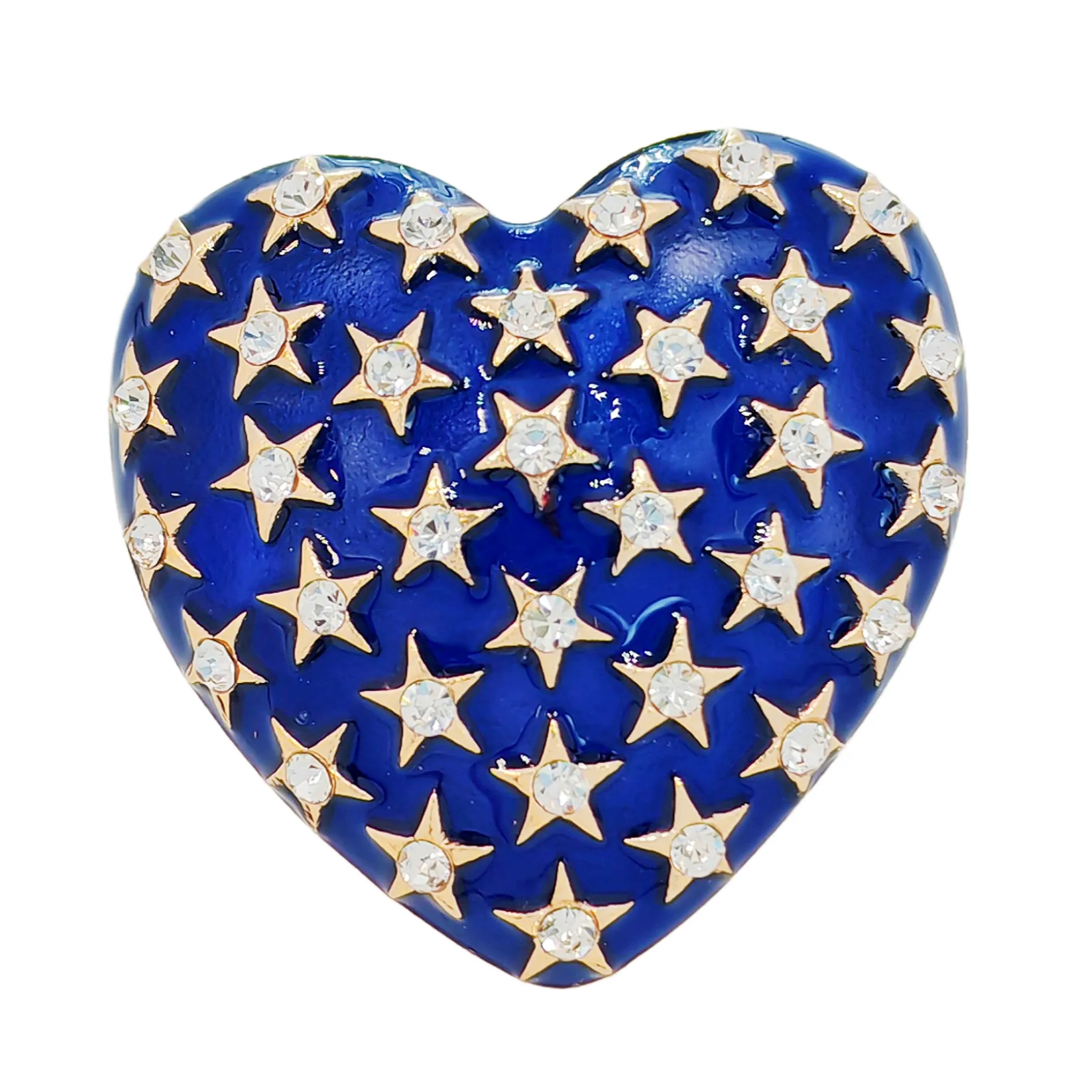 Elegant Navy Blue Heart Brooch with Gold - outlined Star Crystals