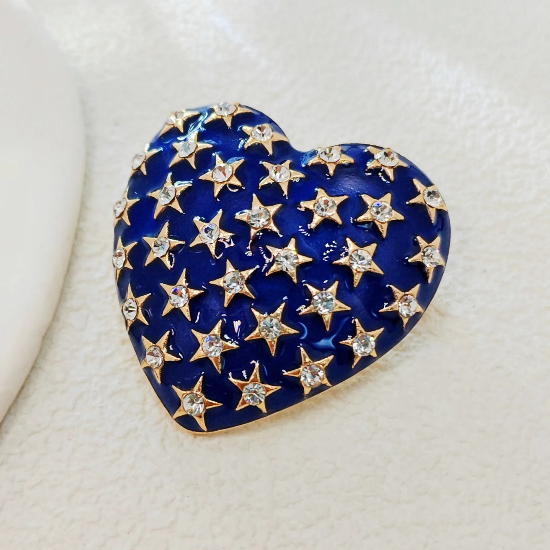 Elegant Navy Blue Heart Brooch with Gold - outlined Star Crystals