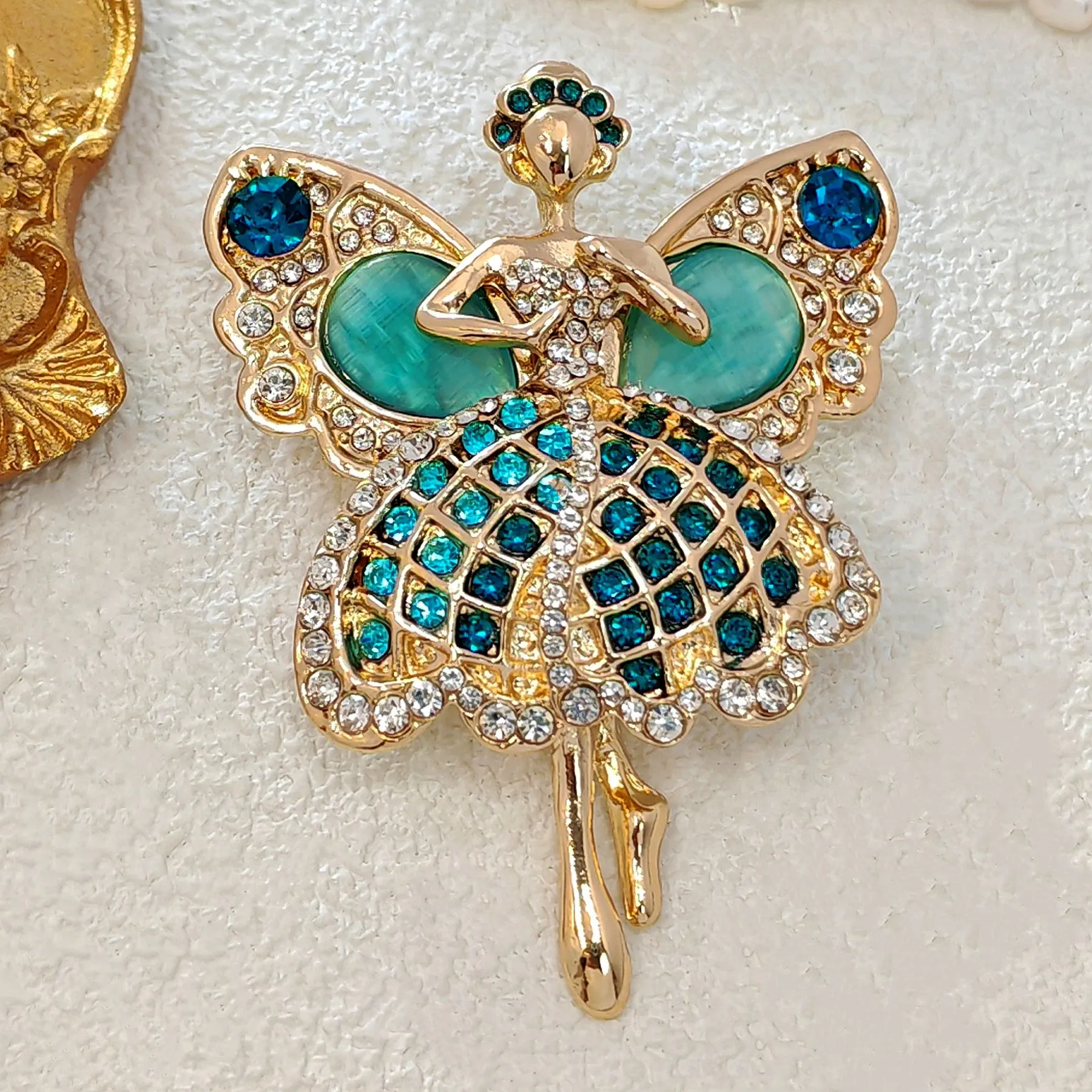 Enchanting Gold - toned Ballerina Fairy Brooch with Turquoise & Crystal Embellishments