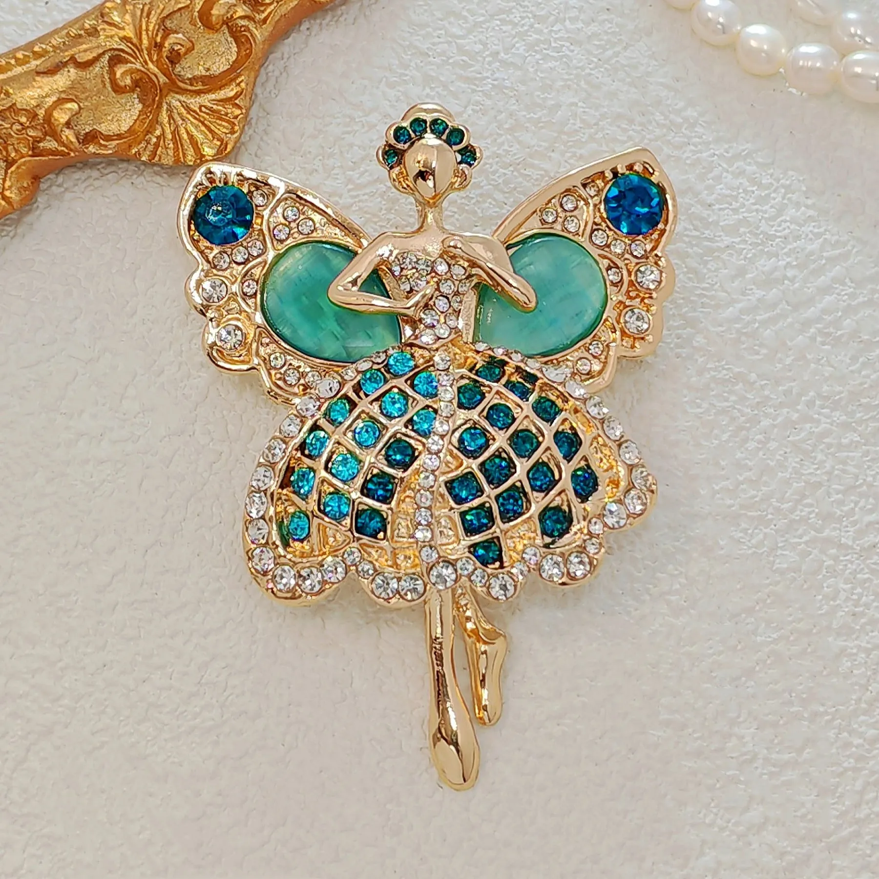 Enchanting Gold - toned Ballerina Fairy Brooch with Turquoise & Crystal Embellishments