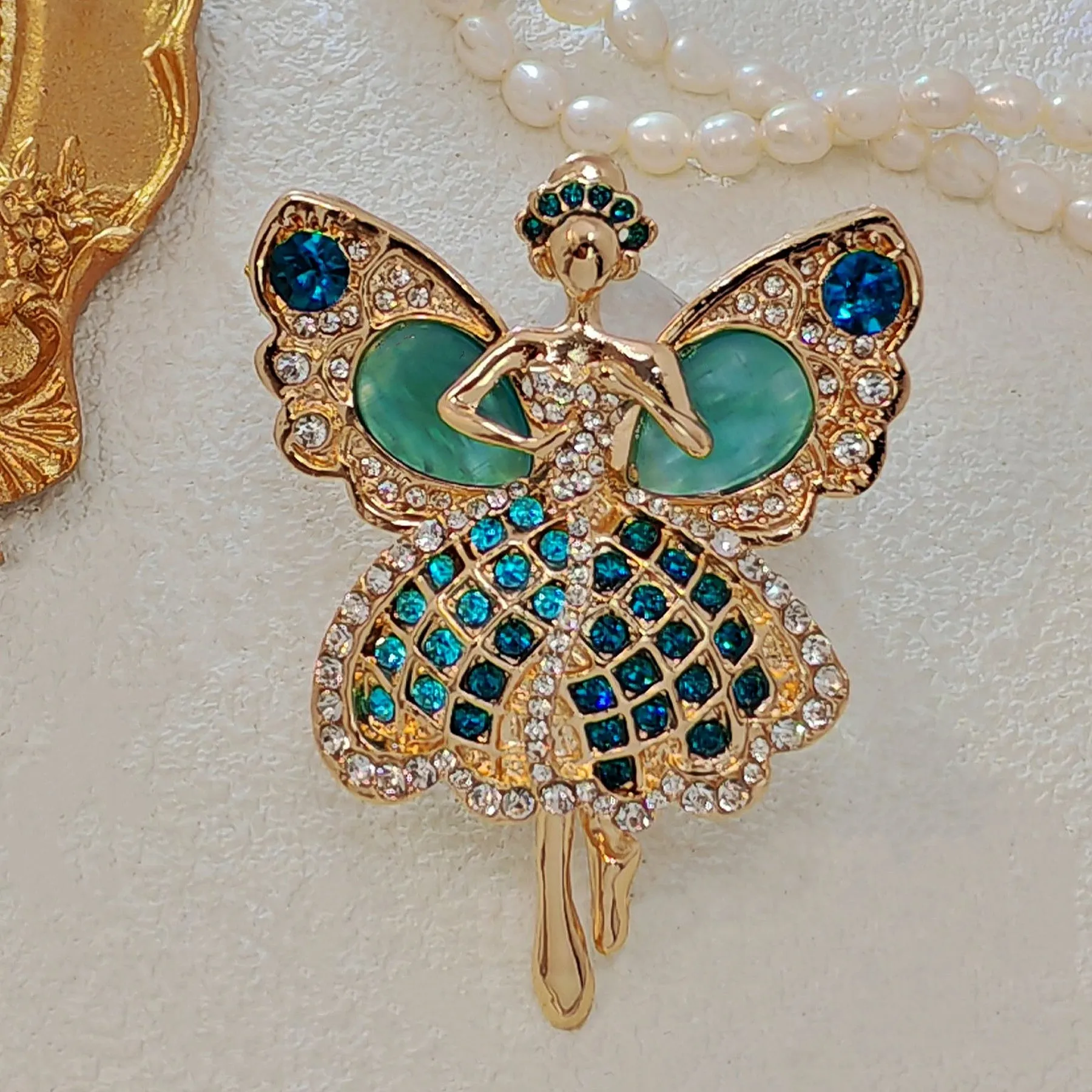 Enchanting Gold - toned Ballerina Fairy Brooch with Turquoise & Crystal Embellishments