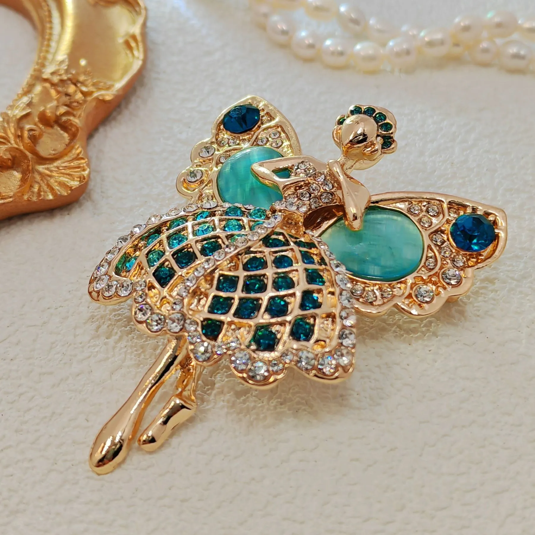Enchanting Gold - toned Ballerina Fairy Brooch with Turquoise & Crystal Embellishments
