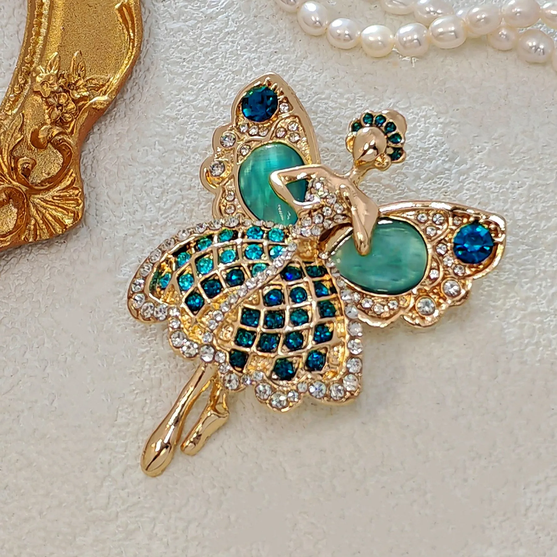 Enchanting Gold - toned Ballerina Fairy Brooch with Turquoise & Crystal Embellishments