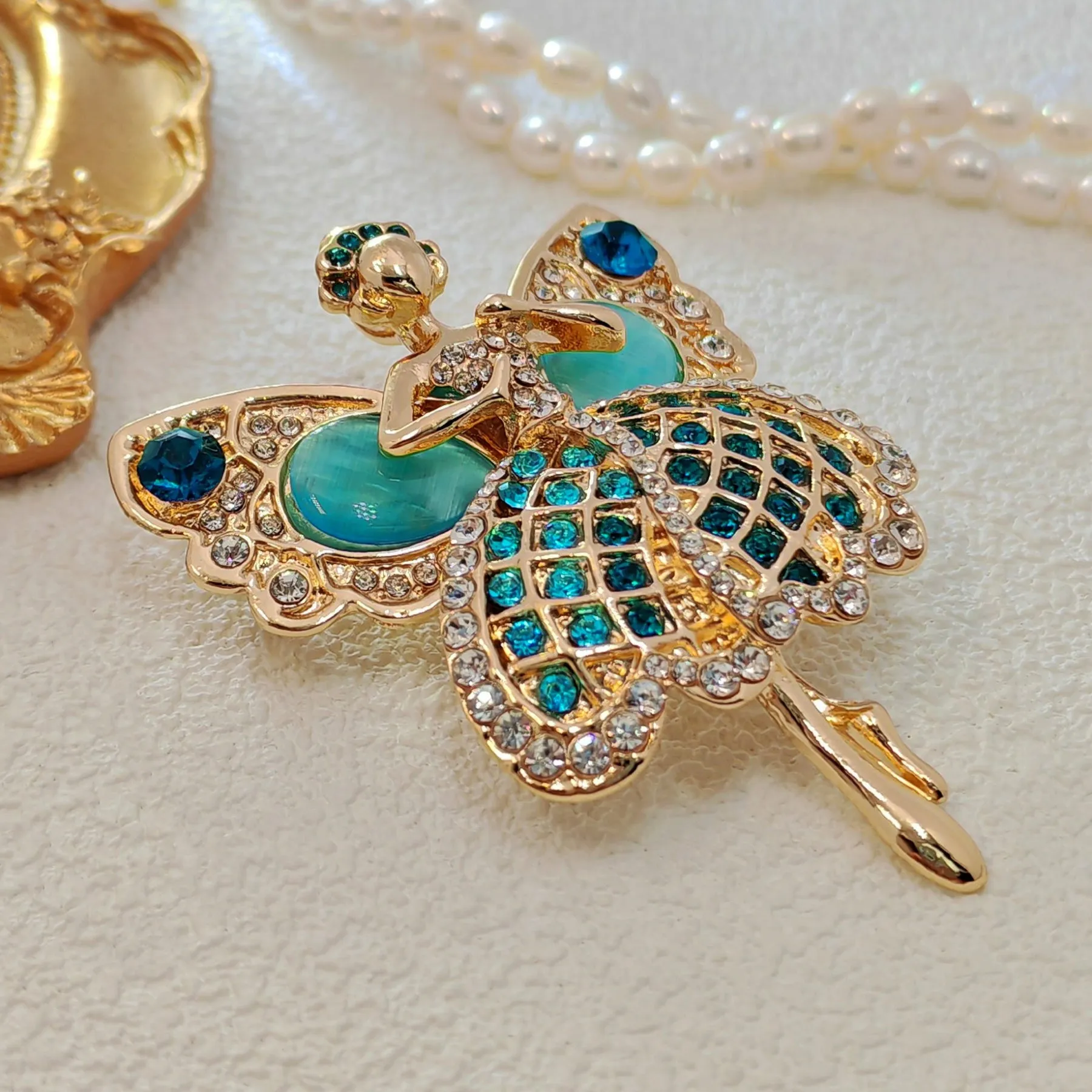 Enchanting Gold - toned Ballerina Fairy Brooch with Turquoise & Crystal Embellishments
