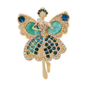 Enchanting Gold - toned Ballerina Fairy Brooch with Turquoise & Crystal Embellishments