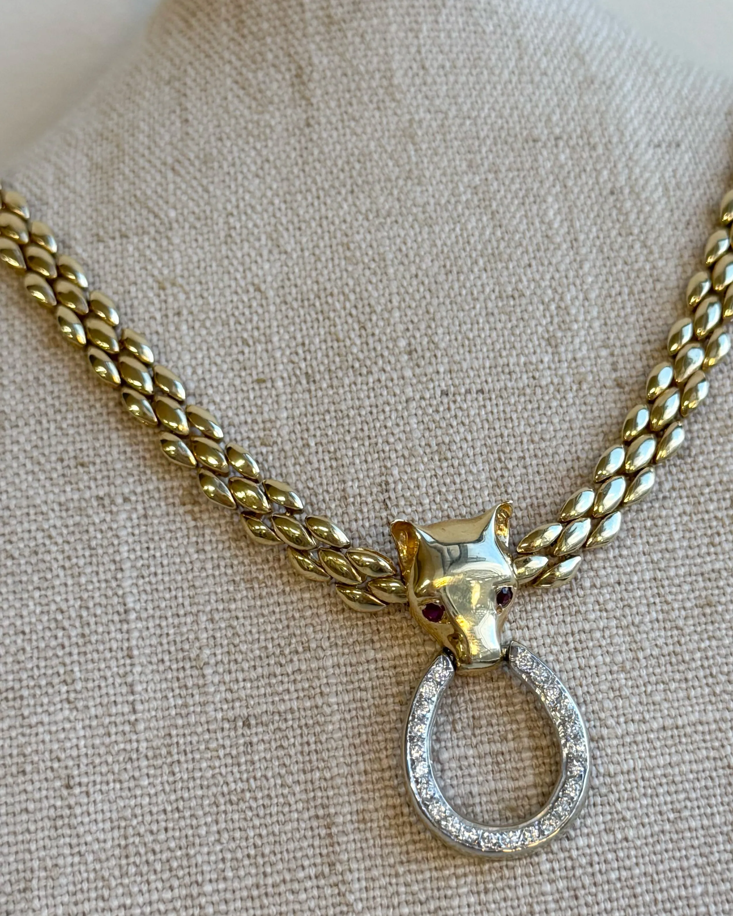 Estate 14k Yellow and White Gold Fox and Horseshoe Panther Link Necklace
