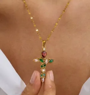 Eternal Ruby Blossom 18k Gold Cross Pendant