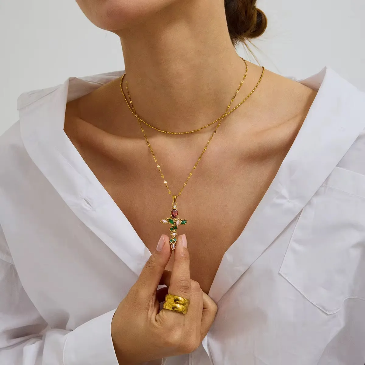 Eternal Ruby Blossom 18k Gold Cross Pendant