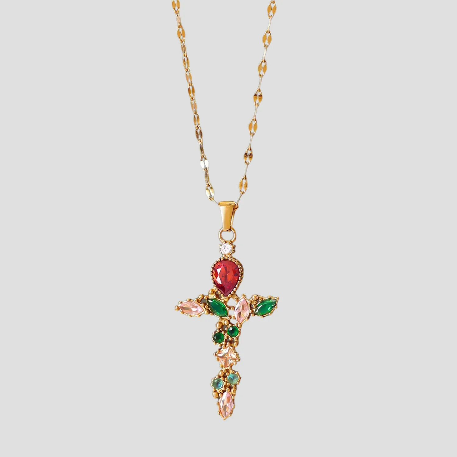 Eternal Ruby Blossom 18k Gold Cross Pendant